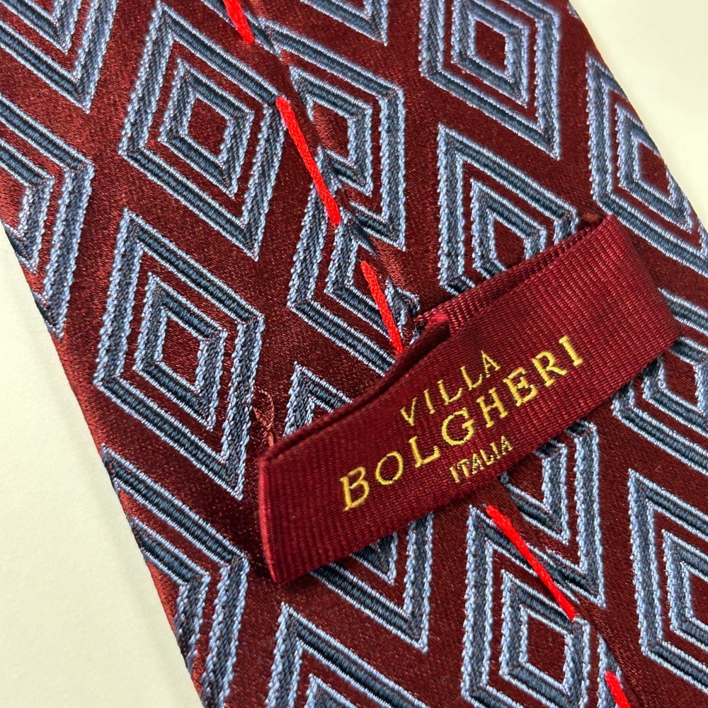 Villa Bolgheri Burgundy Blue Diamond Geometric Jacquard 100% Silk Tie Italy - Picture 5 of 10
